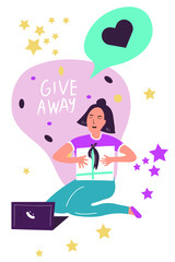 Cute blogger girl. Give away. Colored vector illustration