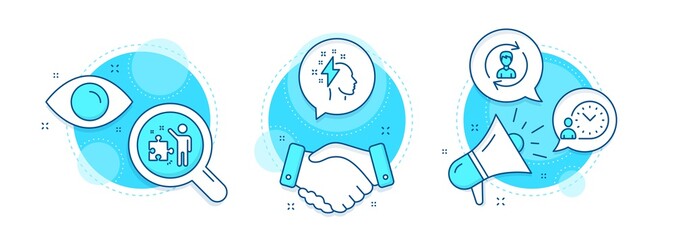 Human resources, Brainstorming and Strategy line icons set. Handshake deal, research and promotion complex icons. Time management sign. Update profile, Lightning bolt, Business plan. Work time. Vector