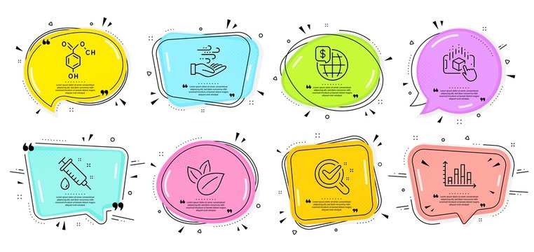 Medical syringe, Wind energy and Diagram graph signs. Speech bubbles with quotes. Augmented reality, World money and Chemistry lab line icons set. Chemical formula, Organic product symbols. Vector