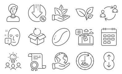 Set of Business icons, such as Scroll down, 48 hours. Diploma, ideas, save planet. User communication, Leaves, Loan percent. Organic product, Businesswoman person, Calendar. Vector