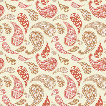 Paisley pattern on yellow background, seamless gold, red and white floral ornament, vector design. Abstract simple vintage Paisley pattern decoration, pastel pale colors floral fabric background