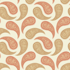 Naklejka premium Paisley pattern on yellow background, seamless gold, red and white floral ornament, vector design. Abstract simple vintage Paisley pattern decoration, pastel pale colors floral fabric background