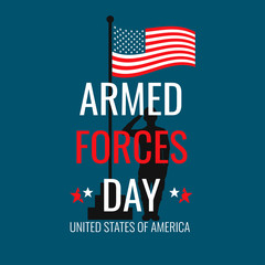 USA Armed Forces day greeting card template. United States of America flag with soldier silhouette on blue background. Vector banner, poster, flyer design for National american army patriot holiday