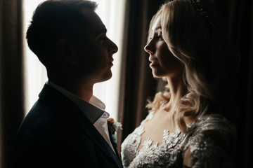 Silhouette of bride and groom looking at each other
