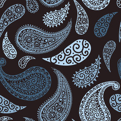 Paisley pattern background, seamless floral textile ornament, vector illustration. Pastel pale blue and black abstract vintage Paisley pattern, flower decoration, floral fabric fashion art design