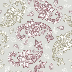 Paisley pattern on yellow background, seamless gold, red and white floral ornament, vector design. Abstract simple vintage Paisley pattern decoration, pastel pale colors floral fabric background
