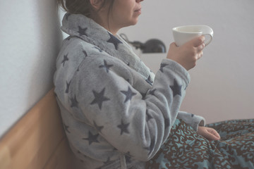What a great morning. Americano or espresso latte of girl. perfect morning with best coffee. girl relax in bed with a coffee