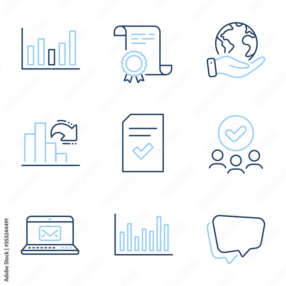 Poster e-mail, column chart and speech bubble line icons set. diploma certificate, save planet, group of pe