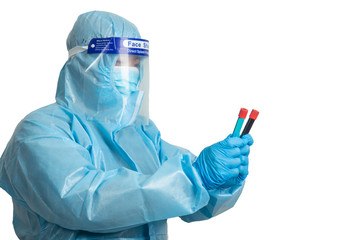 Male model with PPE suite with face shield and Hand with glove is holding blood tube on white...