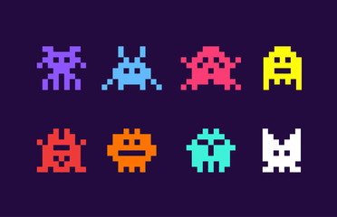 8 bit pixel arcade game alien invader. Superhero pixel space monster geek game - obrazy, fototapety, plakaty