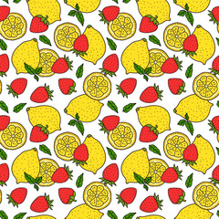 Lemon and strawberry. Seamless pattern. Whole lemon and a round slice. Red and yellow colors. Vector hand drawn illustration Surface design isolated on white background.
