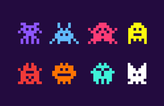 8 bit pixel arcade game alien invader. Superhero pixel space monster geek game