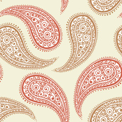 Paisley pattern on yellow background, seamless gold, red and white floral ornament, vector design. Abstract simple vintage Paisley pattern decoration, pastel pale colors floral fabric background