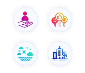 Travel sea, Like and Recruitment icons simple set. Button with halftone dots. Skyscraper buildings sign. Summer holidays, Social media likes, Hr. Town architecture. Business set. Vector