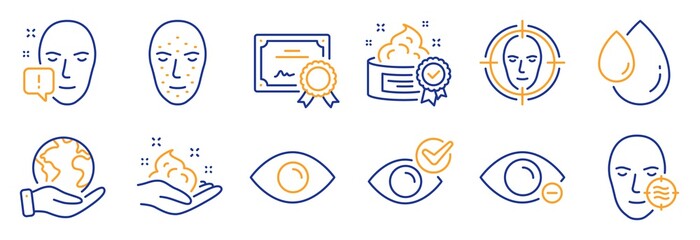 Fototapeta premium Set of Medical icons, such as Skin care, Eye. Certificate, save planet. Face biometrics, Face attention, Problem skin. Myopia, Cream, Oil drop. Check eye line icons. Hand cream, View or vision. Vector