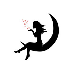 girl sitting on the moon with hearts in hands, vector illustration
