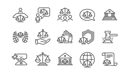 Fototapeta premium Court line icons set. Judge, Scales of Justice and Lawyer. Hammer, Law and Petition document set icons. Judgment, justice, court injunction. Gavel judge hammer, rulings, presiding officer. Vector
