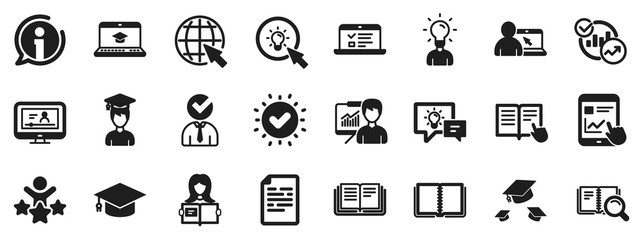 Laptop, Book and Video Tutorial icons. Education icons. Graduation cap, Instructions and Presentation. Education or Lectures book, Charts and Idea. Laptop, tablet device. Video tutorial. Vector