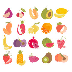 Vector fruit collections. Slices of fruits and berries. Doodle fruits. Healthy lifestyle vector design elements. Vegan kitchen, organic fruits or vegetarian food. Vector hand-drawn illustration.