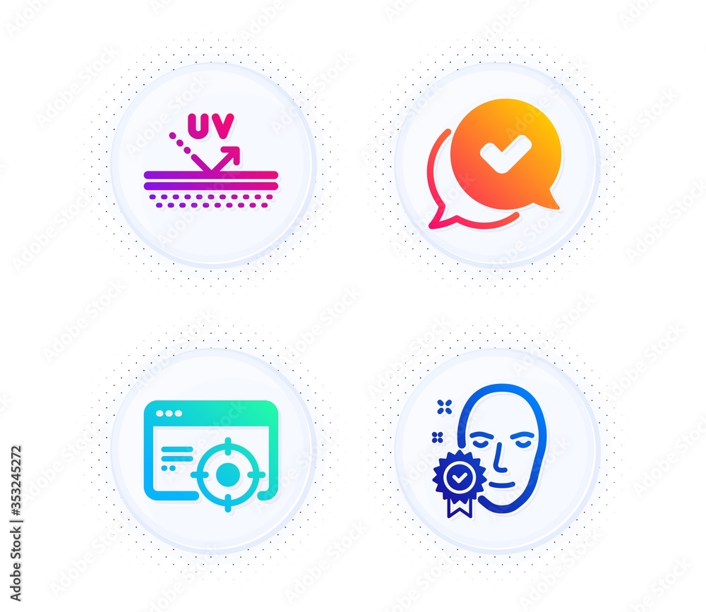 Poster uv protection, seo targeting and approved icons simple set. button with halftone dots. face verified