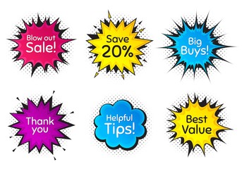 Best value, 20% discount and helpful tips. Comic speech bubble. Thank you, hi and yeah phrases. Sale shopping text. Chat messages with phrases. Colorful texting comic speech bubble. Vector