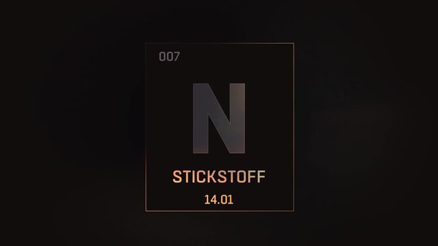 Nitrogen as Element 7 of the Periodic Table. Seamlessly looping 3D animation on grey illuminated atom design background orbiting electrons name, atomic weight element number in German language