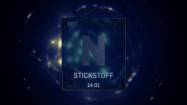 Nitrogen as Element 7 of the Periodic Table. Seamlessly looping 3D animation on blue illuminated atom design background orbiting electrons name, atomic weight element number in German language