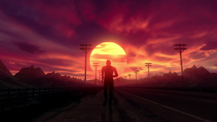 Obraz premium Close up follow shot of man running to the sunset. Stylized male silhouette on a deserted empty mountain road. 3D illustration for 80s music video VJ. Reaching goals and motion concept. 4k