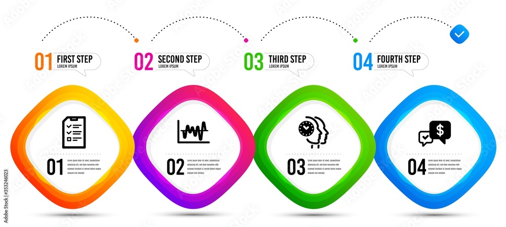 Poster time management, stock analysis and interview icons simple set. timeline infographic. payment receiv