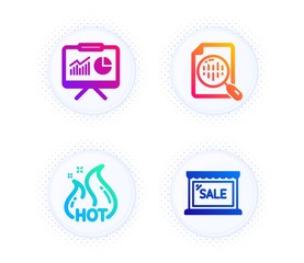 Hot sale, Analytics chart and Presentation icons simple set. Button with halftone dots. Sale sign. Shopping flame, Report analysis, Board with charts. Shopping store. Finance set. Vector