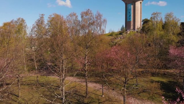 Helsinki Cherry Tree Blossom Aerial Low Overflight 4K. Filmed at Roihuvuori Cherry Tree Park Mother's Day 2020. The place is Roihuvuoren kirsikkapuisto. Prores422 and more photos available