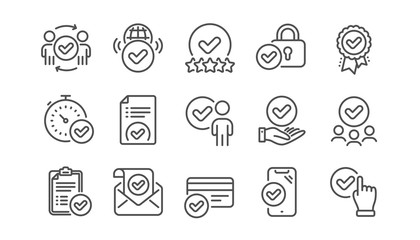 Approve line icons set. Interviewed, accepted document, approved verification. Quality check, protection, checklist icons. Guarantee document, accepted card, right choice. Flight confirmed. Vector