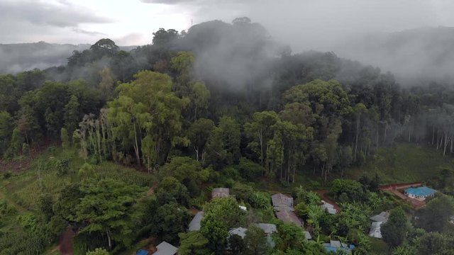 Aerial Drone Shot Flying by Cloudy Misty Foggy Lushoto village in Usambara Mountains. Remote Place in Tanga Province, Tanzania, Africa