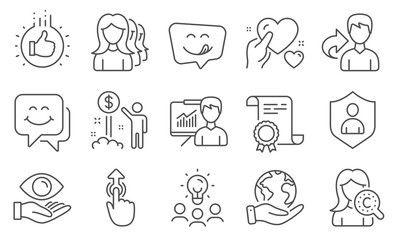 Set of People icons, such as Smile face, Yummy smile. Diploma, ideas, save planet. Like hand, Income money, Health eye. Swipe up, Security, Collagen skin. Vector
