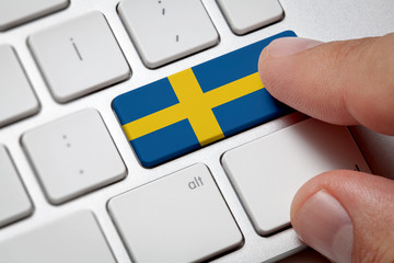 Online International Business concept: Computer key with the Sweden on it. Male hand pressing...