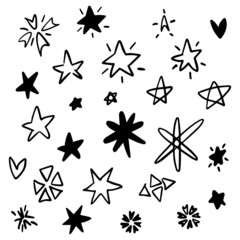 Set of stars hand drawn in different styles. Simple elegant design for decorating 
