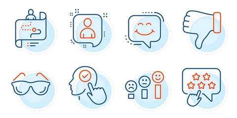 Journey path, Customer satisfaction and Select user signs. Eyeglasses, Smile chat and Developers chat line icons set. Dislike hand, Ranking star symbols. Optometry, Happy face. People set. Vector