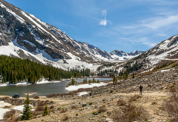 Panoramic springtime view of Blue Lakes in Colorado with clouds and blue skies