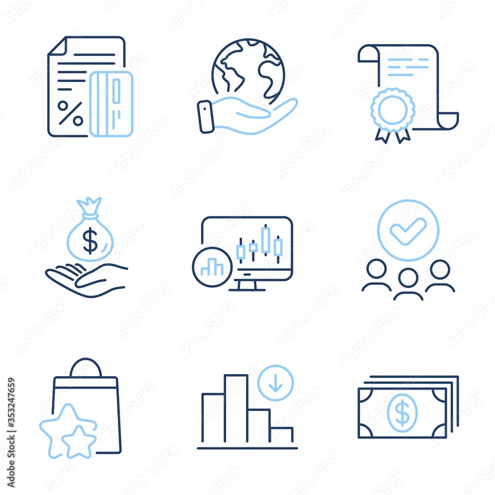 Poster banking, decreasing graph and candlestick chart line icons set. diploma certificate, save planet, gr