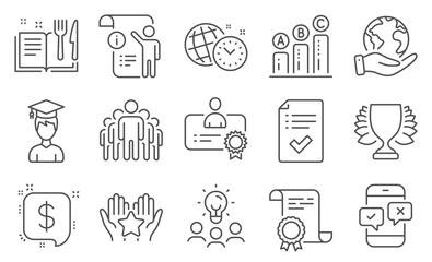 Set of Education icons, such as Phone survey, Certificate. Diploma, ideas, save planet. Group, Manual doc, Time management. Winner, Graph chart, Payment message. Student, Ranking, Recipe book. Vector