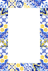 Portuguese Azulejos tile frame. Traditional Portuguese Mosaic tile decoration. Watercolor blue and yellow border. Antique ceramics tileable, heritage. Old painted panel with floral pattern - 353247690