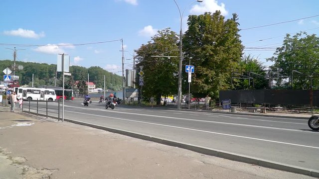 Ternopil, Ukraine, May 2020: Motorcycle riders: large group of bike rider passing through town in the parade