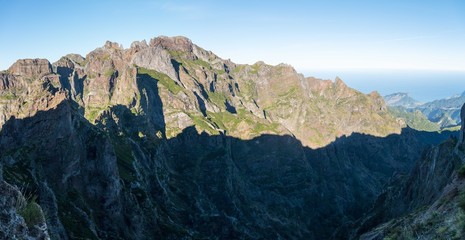 Panorama of the rugged hills in the hiking trail between Pico Ruivo and Pico do Arieiro, Madeira