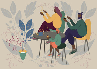 Family portrait father, mother, son. Parents having cup of tea in cafe with table with their child. Flat modern vector illustration design. Love, tenderness concept. Floral background.