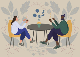 Lovely friends having cup of tea or coffee in cafe in front of table and plant. Flat modern vector illustration design. Friendship, family, love, tenderness, fun concept. Floral background.