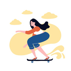 Skater girl do tricks on the board. Flat bright vector illustration, minimal style. T-shirt print, postcard, banner design element.