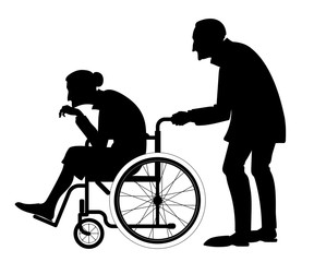 vector isolated black silhouette of a elderly couple with a wheelchair