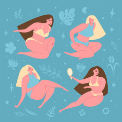 Set of delicate poses. Romantic girls in underwear. Positive body, respect and self-love. Flat bright vector illustration, minimal style. Hand drawn T shirt print, postcard, design element