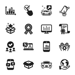 Set of Technology icons, such as Smartphone statistics, Smartphone broken. Certificate, approved group, save planet. Diagram graph, Online loan, Checkbox. Phone survey, Car, Music making. Vector