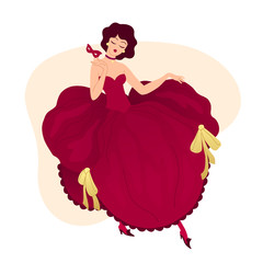 A 1910 girl in a magnificent burgundy dress at a masquerade festival. Graceful pose, legs in shoes. Flat bright vector illustration, minimal style. T-shirt print, postcard, banner design element.